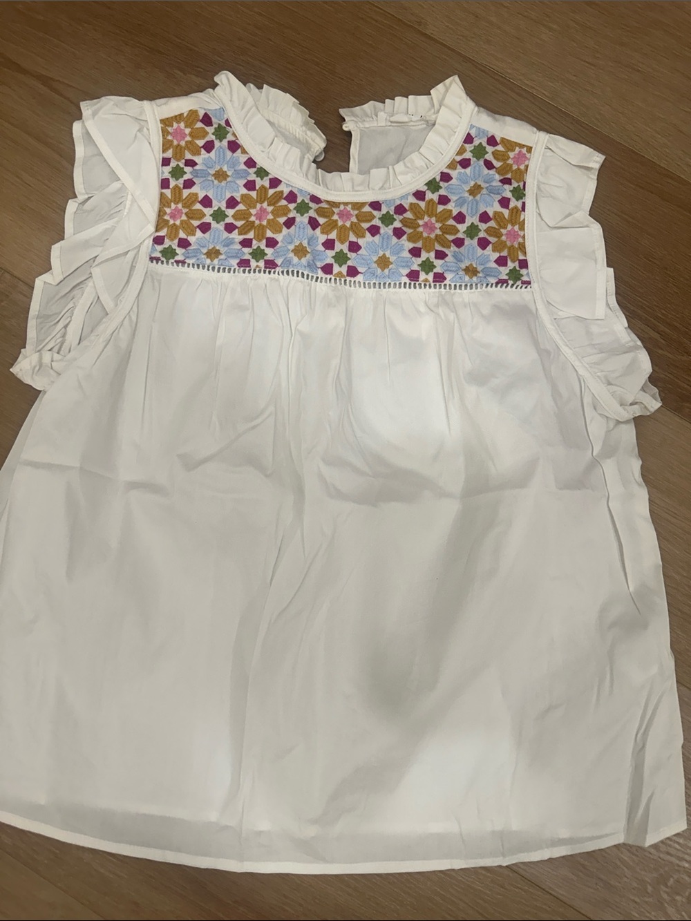 THML White Women's Ruffle Sleeve Top with Multicolor Floral Embroidery